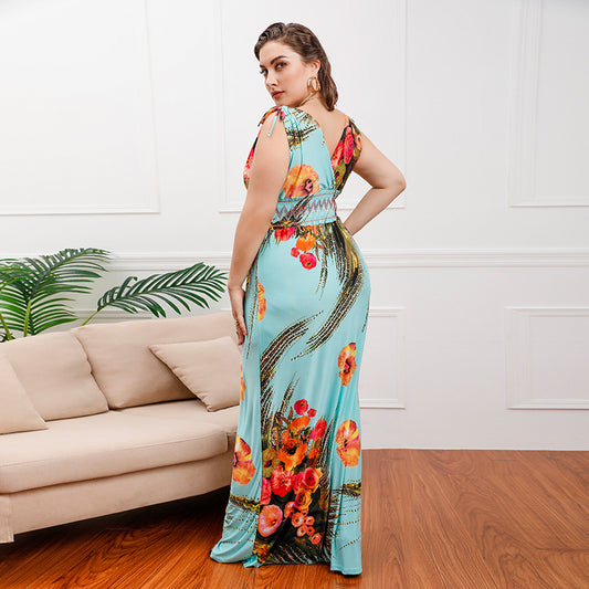 Plus Size Bohemian Ice Silk Printed Midi Dress Seaside Holiday Beach Dress V neck Dress