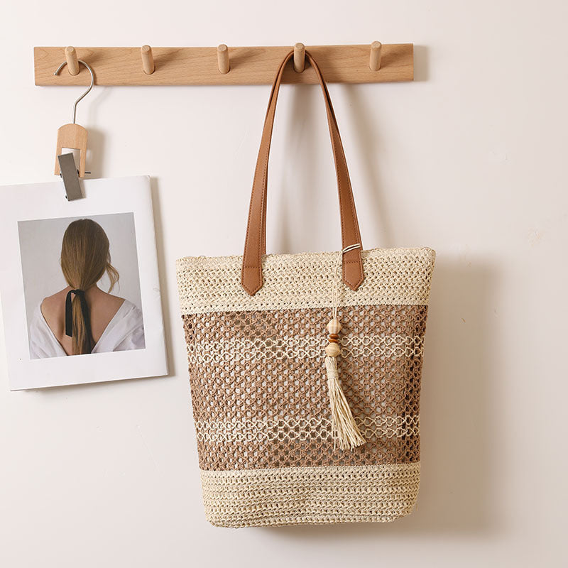 Tassel Shoulder Straw Bag Striped Hollow Out Cutout Straw Bag Woven Bag Vacation Beach Bag One Size Triangle Belt Tassel Rice