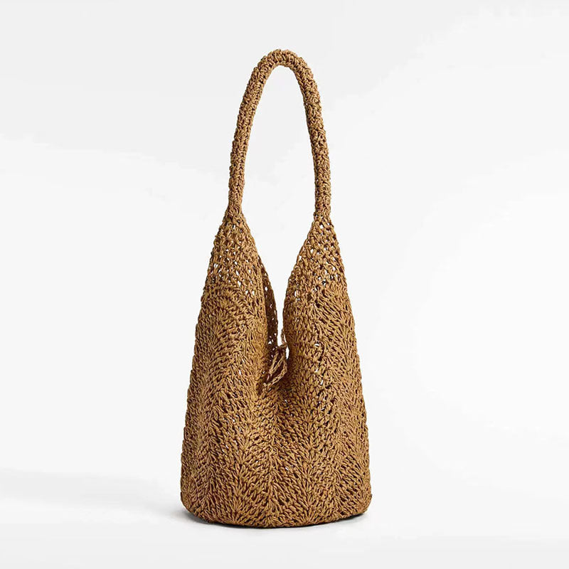 Shoulder Straw Bag Special Interest Design Portable Straw Bag Woven Bag Vacation Beach Bag Women Bag One Size Big Leaf Coffee