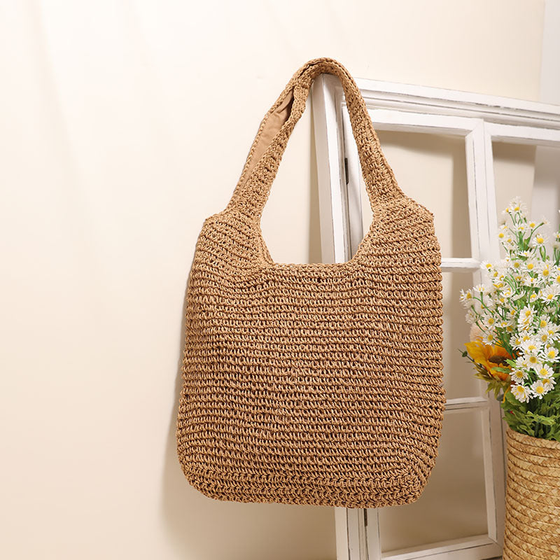 Large Capacity Shoulder Straw Bag Simple Straw Bag Woven Bag Vacation Beach Bag Casual Women Bag One Size Double Big Handle Coffee