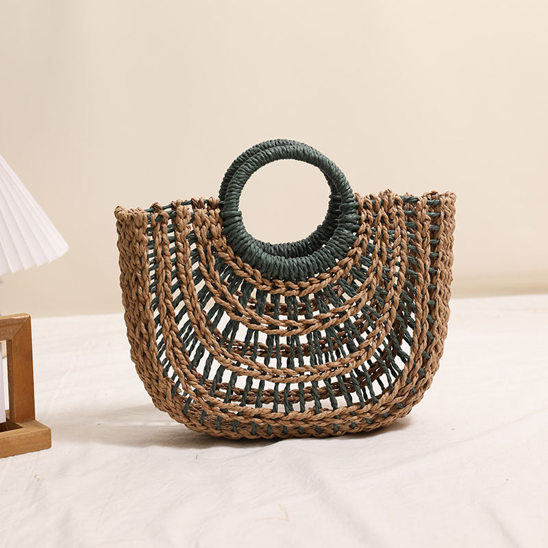 Hollowed out Semicircle Portable Straw Weaved Bag Round Handle Contrast Color Straw Bag Woven Bag Women Seaside Vacation Beach Bag One Size Color Matching Hollow out Yuan Dou Green