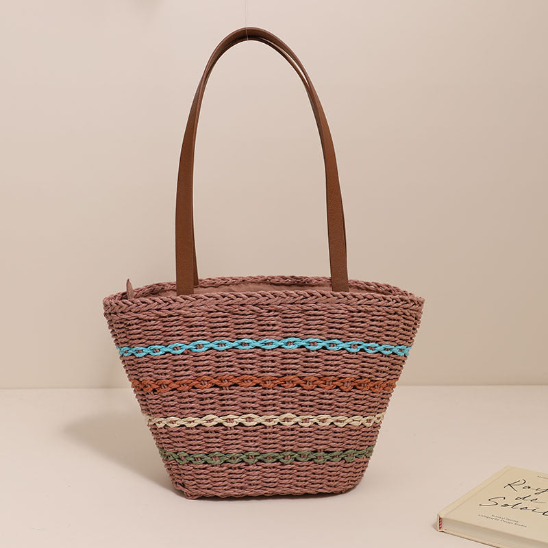 Colorful Striped Shoulder French Straw Bag Large Capacity Woven Bag Women Seaside Vacation Beach Bag One Size Multi3