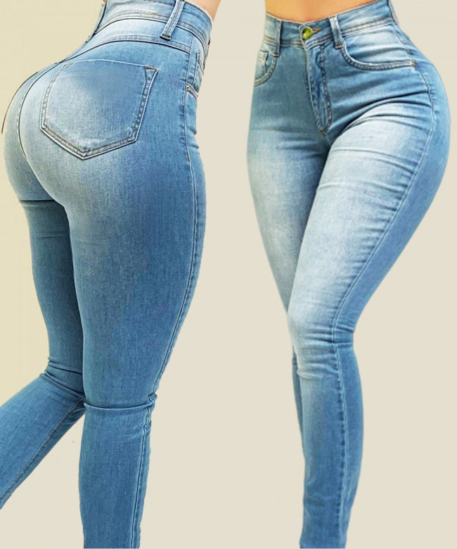 High Waist Stretch Slim Fit Skinny Pants Shaping Jeans Light Blue