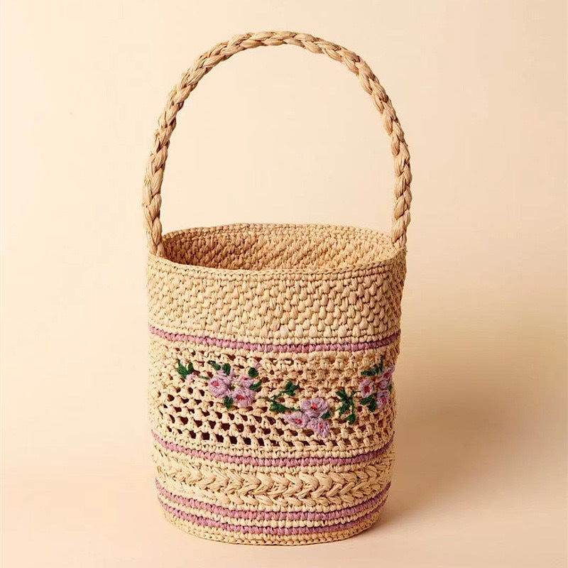 Raffia Floral Embroidery Straw Bag French One Shoulder Portable Straw Bag Woven Bag Seaside Vacation Beach Bag Women Bag