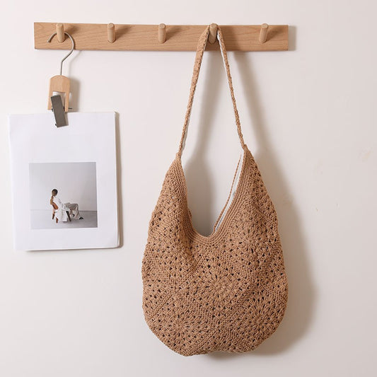 Casual Large Capacity Cotton Thread Woven Bag Hand Crocheted Floral Shoulder Bag Vacation Beach Bag Women Bag One Size Cotton Thread One-Shoulder Grandma Plaid Coffee