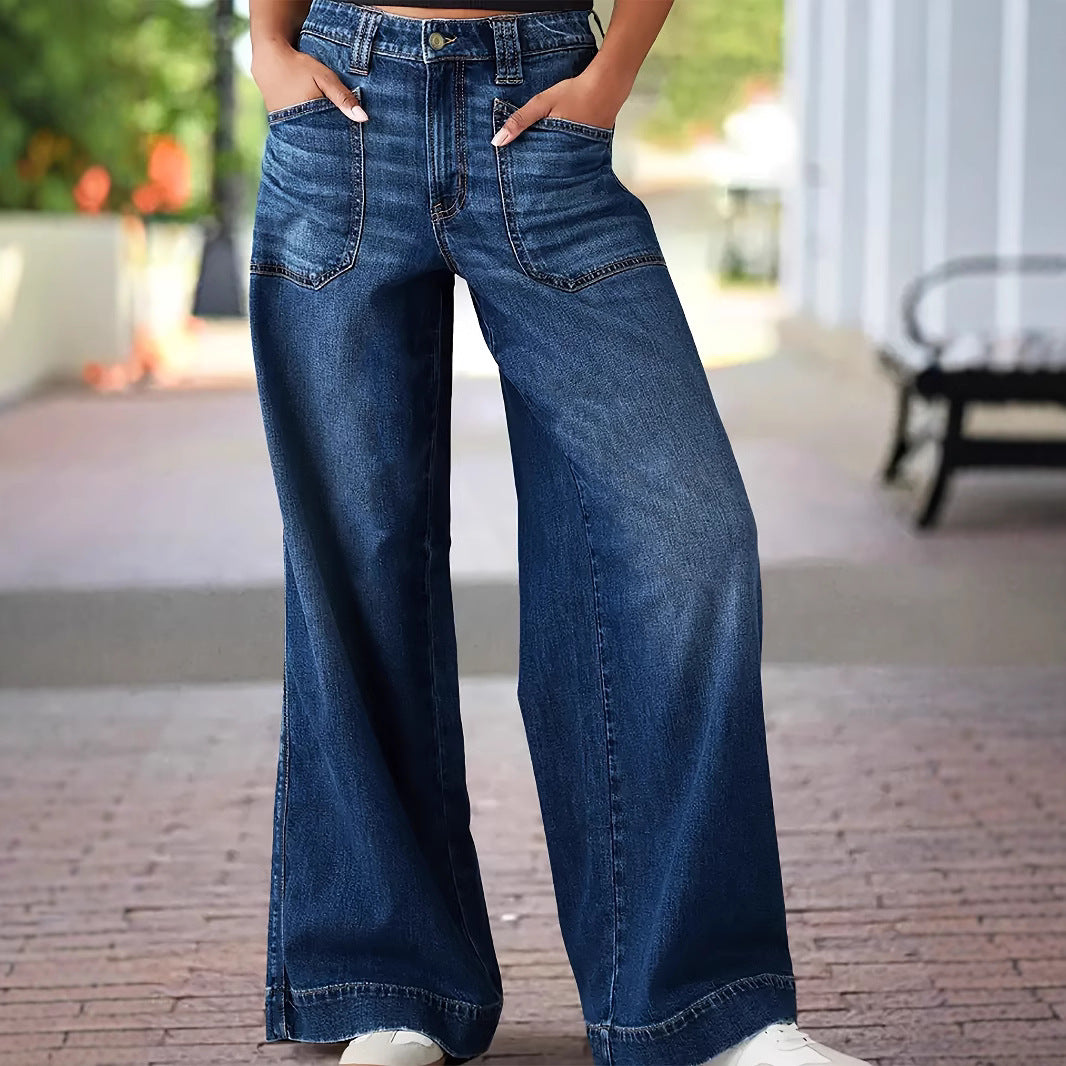 Ladies Stretch Outer Pocket Straight Wide Leg Denim Trousers