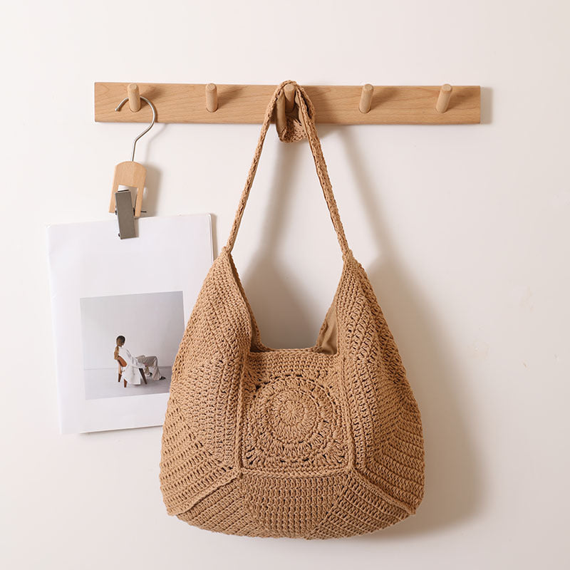 High Grade Single Shoulder Large Capacity Cotton Thread Woven Bag Hollow Out Cutout Floral Straw Bag Vacation Beach Bag Women Bag One Size Brown