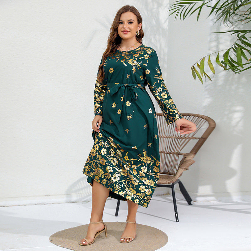 Plus Size Ethnic Loose Maxi Dress Cashew Printed Long Sleeve Dress Green Gold