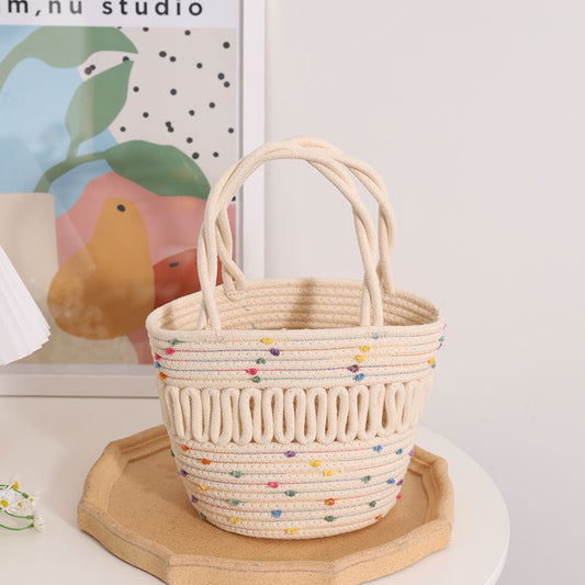 Cute Colorful Beanie Small Basket Niche Hollow Out Cutout Bucket Woven Bag Women Handheld Straw Bag