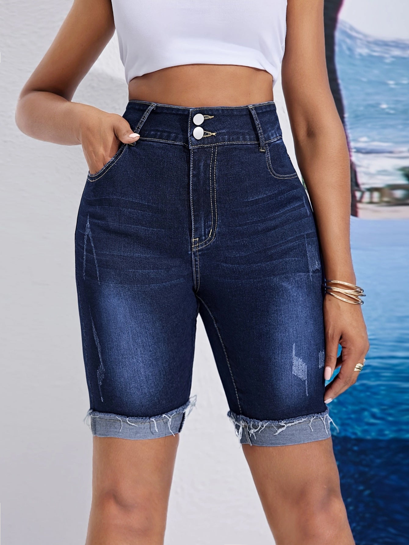 Ladies High Waist Double Buckle Middle Pants Curling Stretch Denim Shorts Cycling Pants Navy Blue