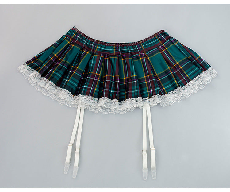 Sexy Lace Edge Short Sleeve Cropped Student Sexy Lingerie Suit Green Plaid