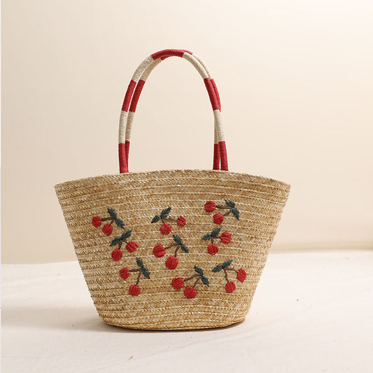 Niche Embroidered Cherry Shoulder Straw Bag Large Capacity Straw Woven Bag Seaside Vacation Beach Bag One Size Brown