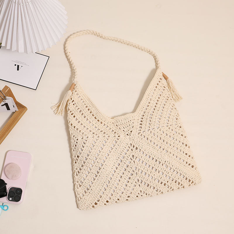 Triangle Hollow Out Cutout Cross Body Cotton Thread Woven Bag Casual Grandmother Grid Straw Bag Vacation Beach Bag Women Bag One Size Sumi