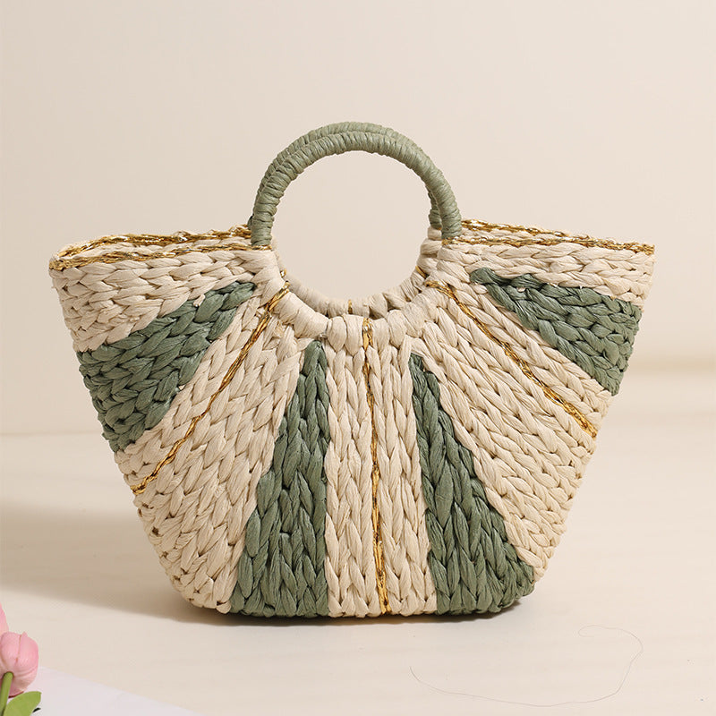 Golden Silk Thread Portable Straw Weaved Bag Large Capacity Tote Vegetable Basket Bag Vacation Beach Bag Hand Carrying Woven Bag One Size Beige Green