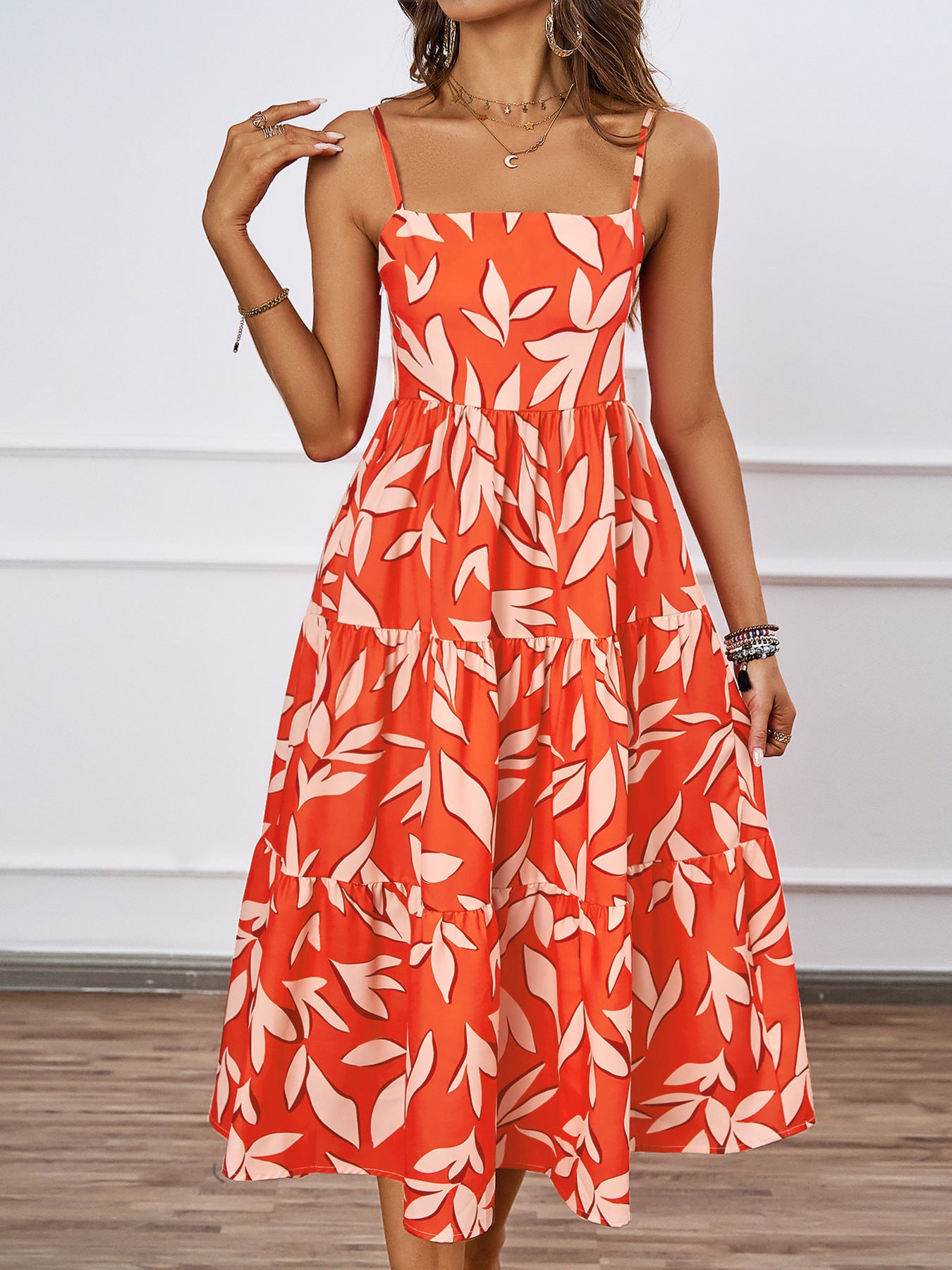 Vacation Spaghetti Strap Backless A line Long Casual Swing Printing Dress Women Orange Printing