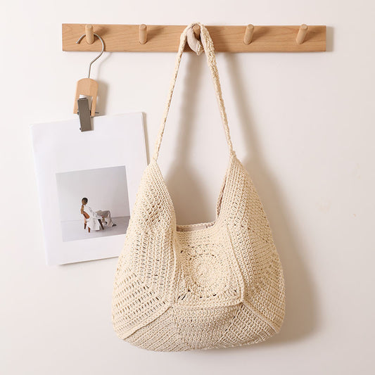 High Grade Single Shoulder Large Capacity Cotton Thread Woven Bag Hollow Out Cutout Floral Straw Bag Vacation Beach Bag Women Bag One Size Beige