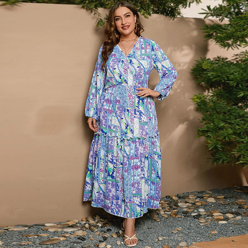 Plus Size Spring Dress Printed V neck Long Sleeve Floral Dress Loose Swing Dress Blue