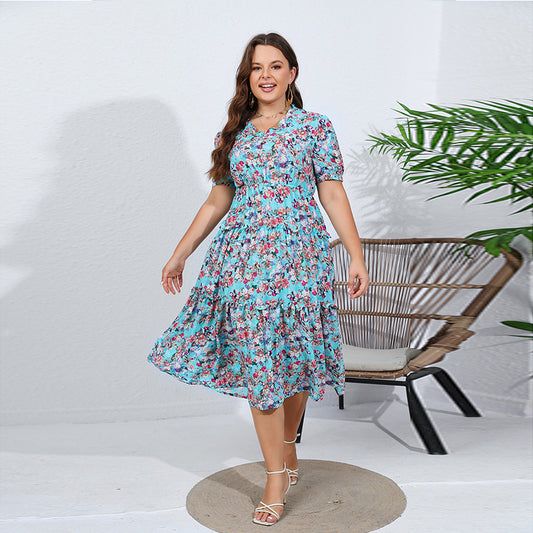 Plus Size Chiffon Dress Ruffle V Neck Elastic Waist Floral Midi Dress Light Blue