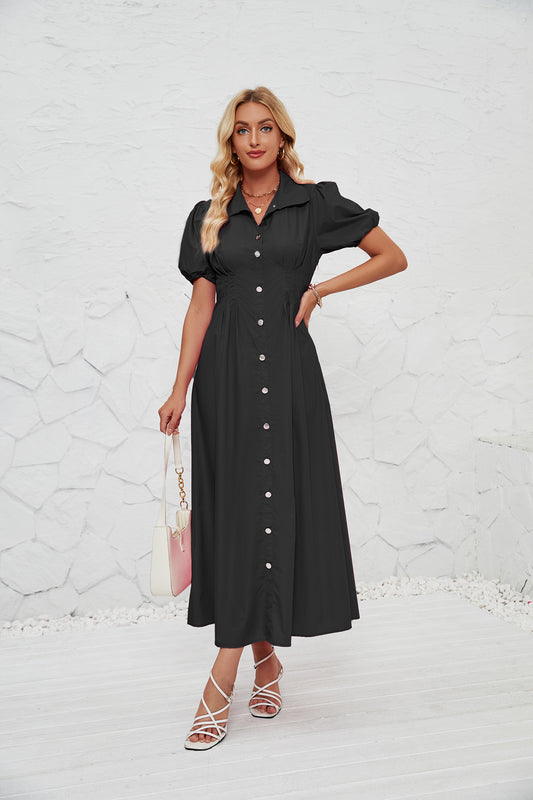 Summer Solid Color Elegant Slim High Waist Tight Waist Button Mid Length Dress Women Black