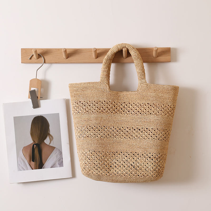 Raffia Portable Straw Weaved Bag Hand Carrying Large Capacity Hollow Out Cutout Woven Bag Seaside Vacation Beach Bag