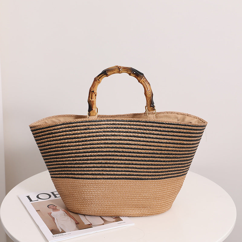 Bamboo Joint Straw Bag Large Capacity Striped Women Bag Woven Tote Hand Carrying Vegetable Basket Bag