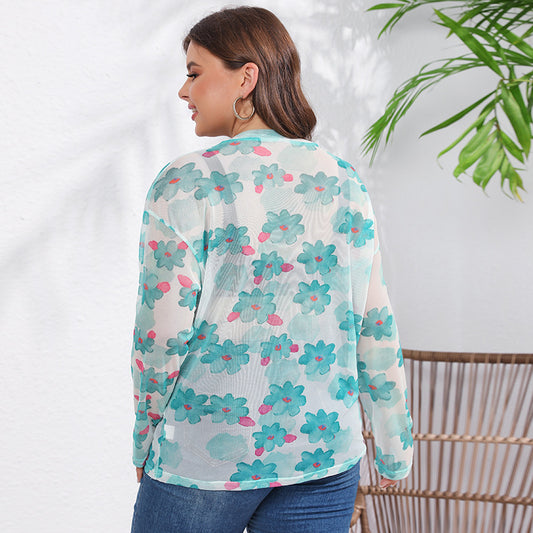 Women Lightweight Casual Printing round Neck Long Sleeve Top Ice Silk Net Yarn Cool T shirt