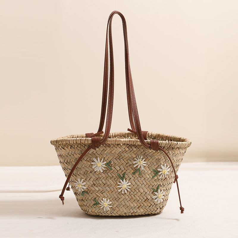 Fresh Floral Embroidery Shoulder Straw Bag Large Capacity Mitsubishi Straw Woven Bag Seaside Vacation Beach Bag