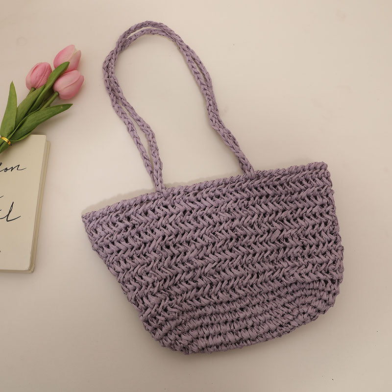 One Shoulder Straw Bag Simple Hollow Out Cutout out Straw Bag Woven Bag Summer Sweet Portable Seaside Vacation Beach Bag Women One Size Purple