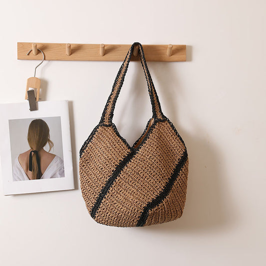 Niche Geometric Abstract Shoulder Straw Bag Color Contrast Large Capacity Straw Bag Woven Bag Seaside Vacation Beach Bag One Size One-Shoulder Diagonal Stripes