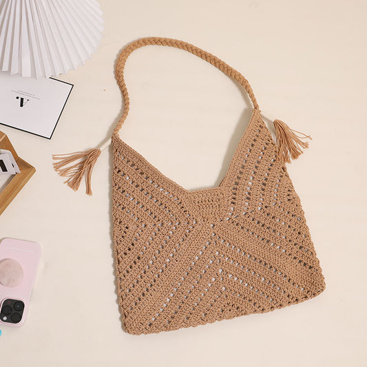 Triangle Hollow Out Cutout Cross Body Cotton Thread Woven Bag Casual Grandmother Grid Straw Bag Vacation Beach Bag Women Bag One Size Coffee