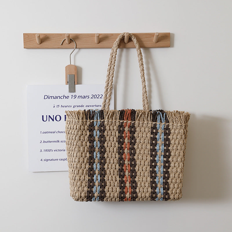 Vertical Stripes Straw Bag Woven Bag Women Simple Large Capacity Portable Shoulder Vacation Beach Bag