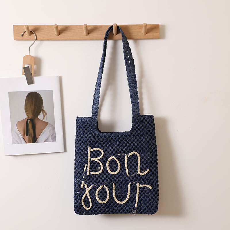 Letter Graphic Embroidery One Shoulder Straw Bag Hollow Out Cutout out Straw Bag Woven Bag Vacation Beach Bag Women Bag One Size Letter Concave Bag Blue Beige Letters