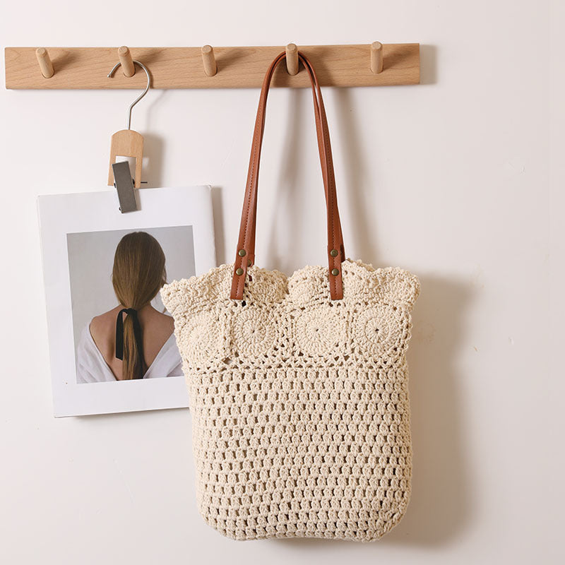 Hollow Out Cutout Floral Single Shoulder Cotton Thread Woven Bag Lace Straw Bag Vacation Beach Bag Office Women Bag One Size Belt Wave Grandma GEMI