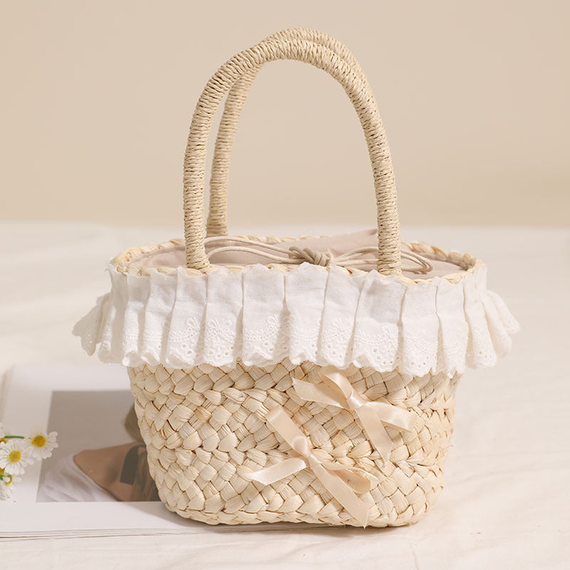 Cute Lace Portable Corn Husk Straw Bag Bow Woven Bag Vacation Beach Bag Hand Carrying Small Basket