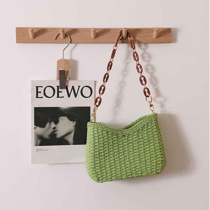 Fresh Purple Straw Bag Woven Bag Women Bag Shoulder Solid Color Straw Bag Seaside Vacation Beach Bag One Size New Year Crescent Green