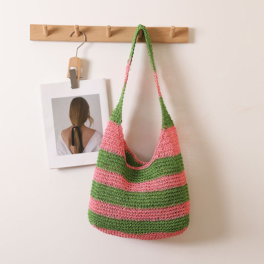 Large Capacity Striped Shoulder Straw Bag Hand Crocheted Straw Bag Woven Bag Seaside Vacation Beach Bag One Size Striped Big Handle Pink
