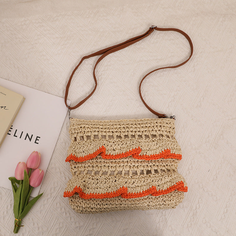 Crossbody Lace Straw Bag Ruffled Summer Color Straw Bag Woven Bag Seaside Beach Vacation Bag One Size Grass Skirt Orange