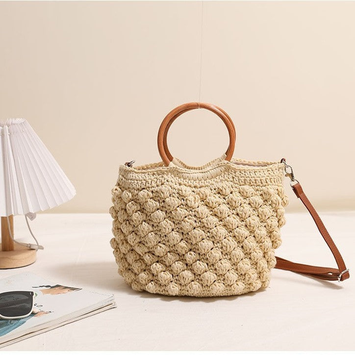 Beanie Crossbody Straw Bag Wooden Ring Portable Straw Bag Woven Bag Vacation Beach Bag Women Bag