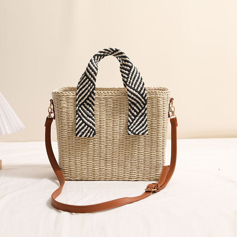 Handheld Straw Bag Square Solid Color Crossbody Woven Bag Vacation Beach Bag Large Capacity Rattan Weave Bag One Size Striped Square Box M