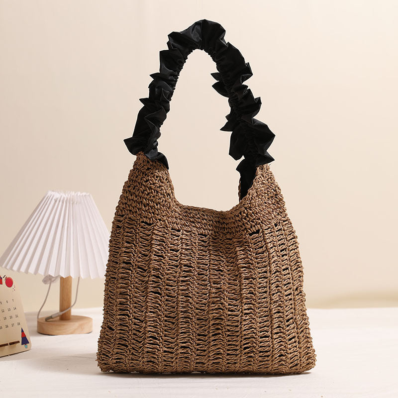 Tree Fungus like Lacework Straw Bag Solid Color Woven Bag Seaside Vacation Beach Bag Special Interest Shoulder Bag One Size Black Lace