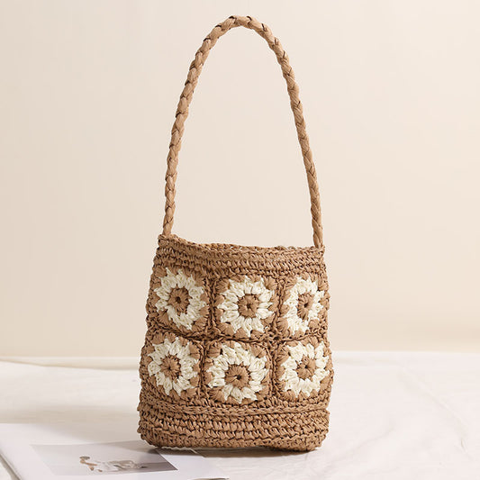 Fresh Daisy Floral Shoulder Straw Bag Hand Woven Bag Vacation Beach Bag Women Bag One Size Grandma GE SUNFLOWER