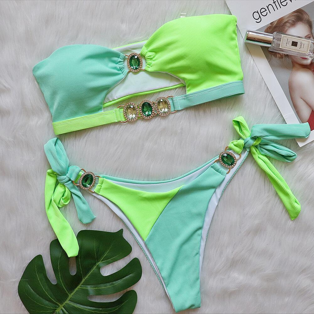 Sexy Crystal Diamond Bikini Removable Chest Pad Swimsuit Stitching Tube Top Strap Split Swimsuit Green