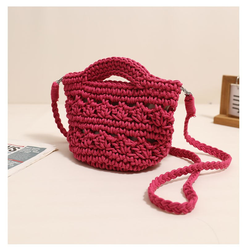 Crossbody Cotton Thread Woven Bag All Matching Hollow Out Cutout Straw Bag Vacation Beach Bag Partysu Women Bag One Size Colorful Crossbody Cotton Thread Rose Red without Lining