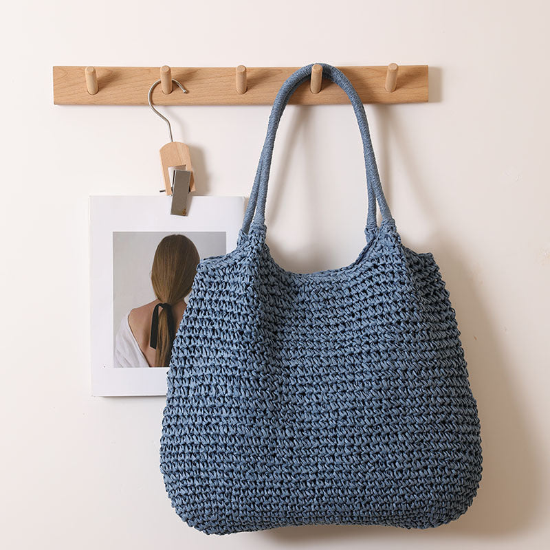 Large Capacity Tote Straw Bag Casual Shoulder Woven Bag Vacation Beach Bag Women Bag One Size Big One-Shoulder Knitted Blue
