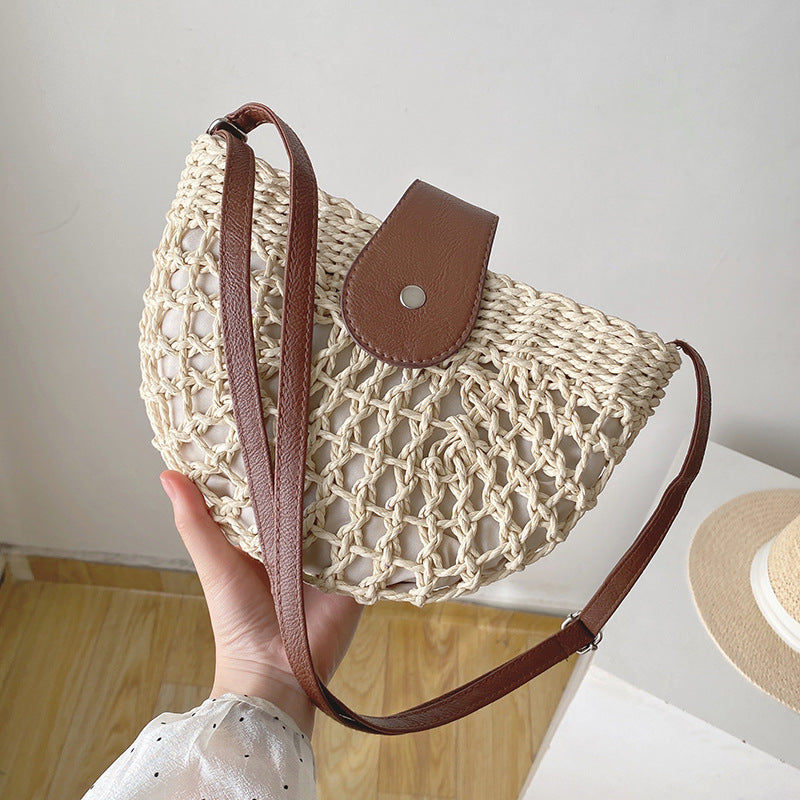 Fresh Hollow Out Cutout Semicircle Straw Bag Shoulder Crossbody Casual Straw Bag Woven Bag Vacation Beach Bag One Size Cream