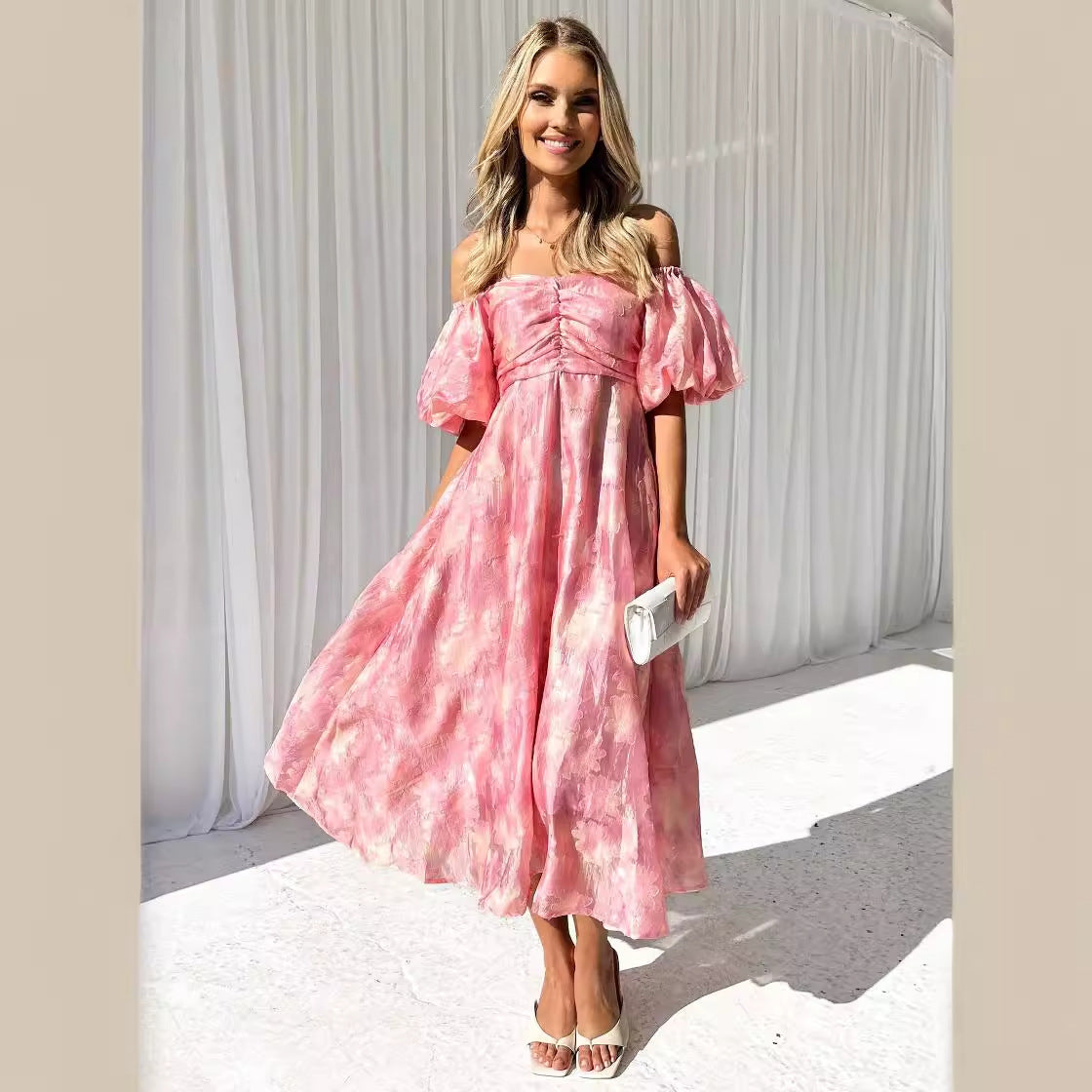 Spring Summer Women Elegant Mid Waist Off Neck Floral Dress