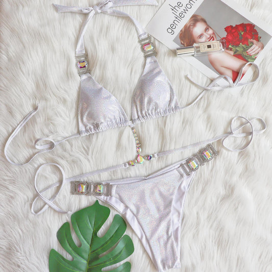 Sexy Crystal Diamond Bikini Strap Women Split Swimsuit Beach Swimsuit White