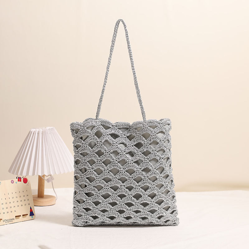 Hollowed out Shoulder Straw Bag Wave Pattern Straw Bag Woven Bag Vacation Beach Bag Niche Design Women Bags One Size Silver Fan Surface