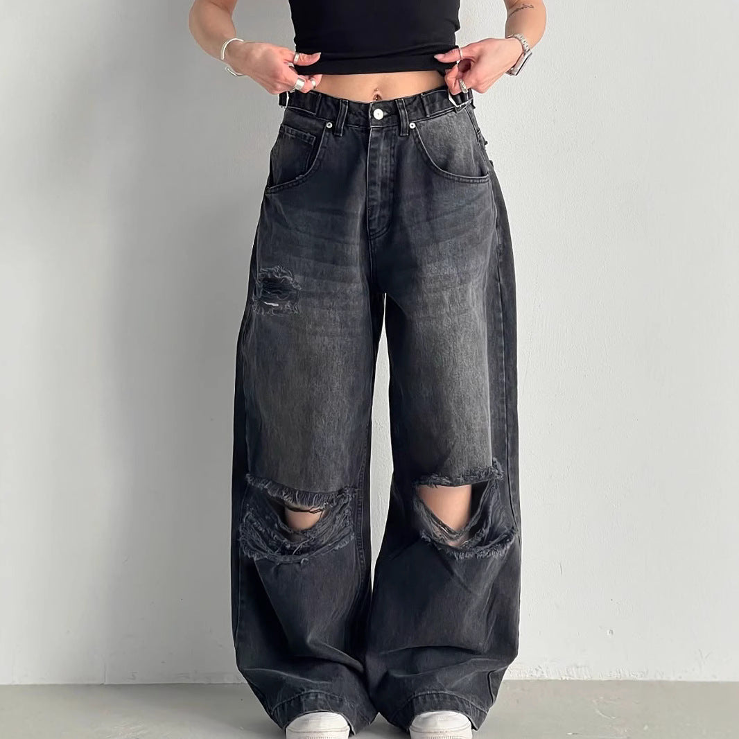 Women Loose Large Ripped Waist Adjustable Wide Leg Denim Trousers