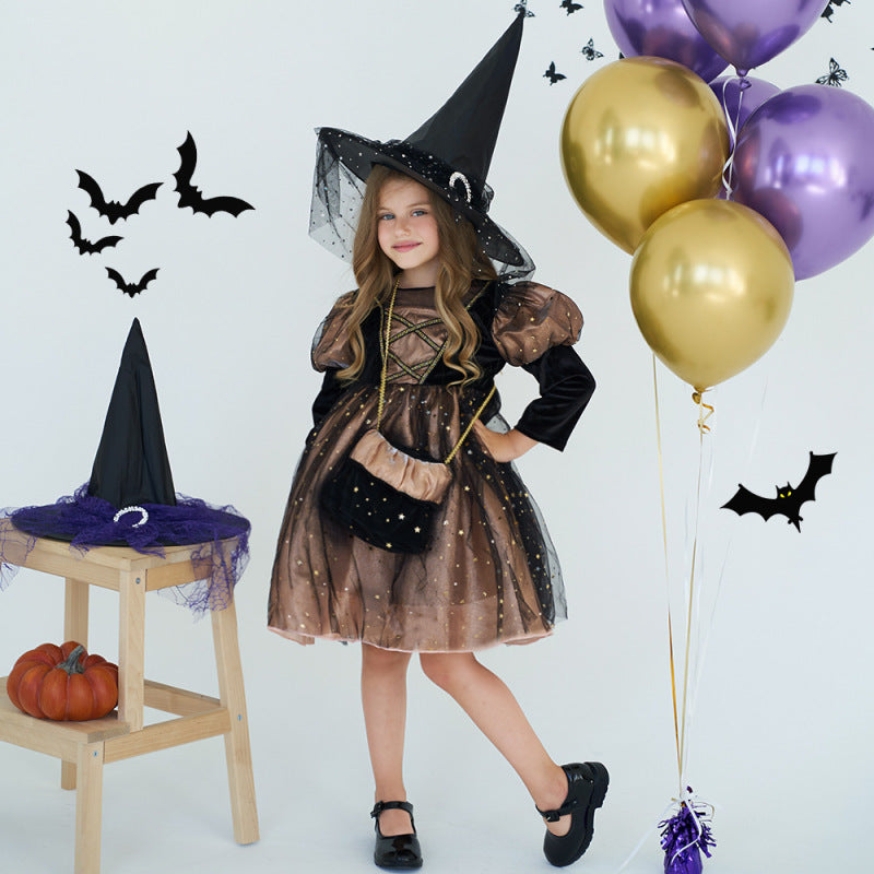 Girls Witch Dress Halloween Costume - Green & Golden Party Outfit Golden